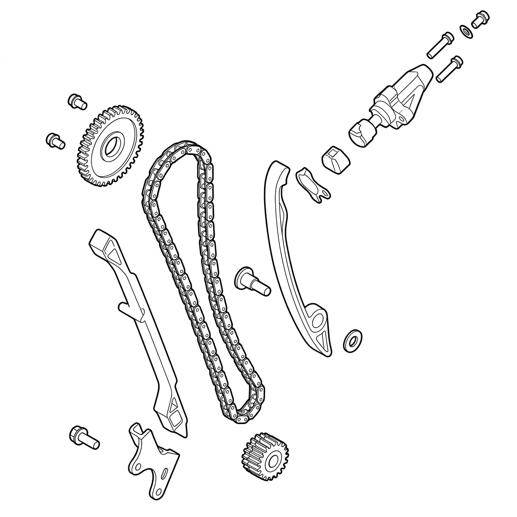 Exploded diagram of a timing chain assembly: sprockets, chain, guides, tensioner and bolts